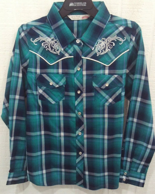 Girl's WESTERN SHOW SHIRT Blue Green Plaid w/ Embroidery