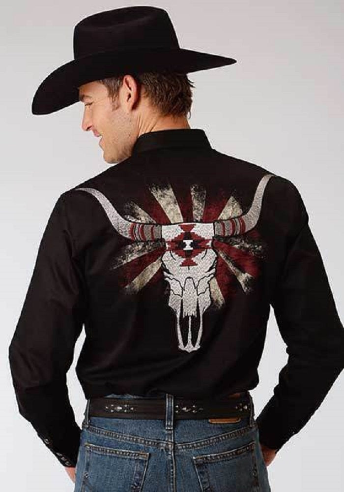 Men's Roper Black Longhorn Steer Embroidered Western Shirt