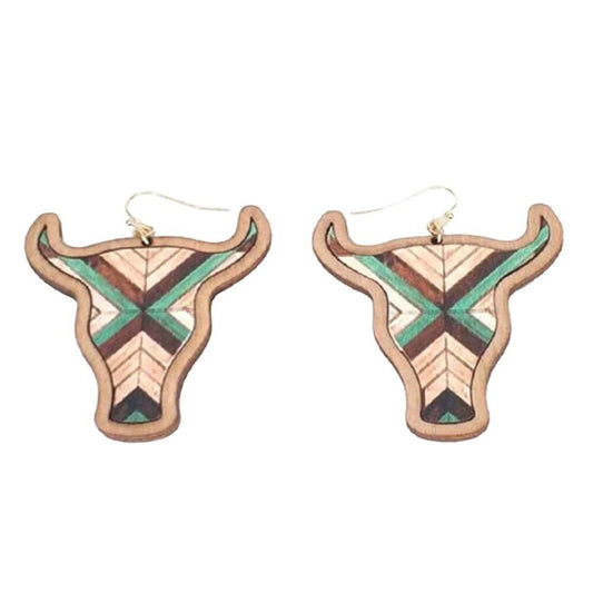 SOUTHWEST STEER WOODEN DANGLE EARRINGS w/ Turquoise brown