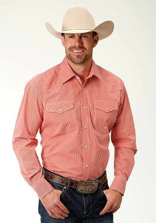 Men's Roper Orange White Mini Checkered Western Shirt