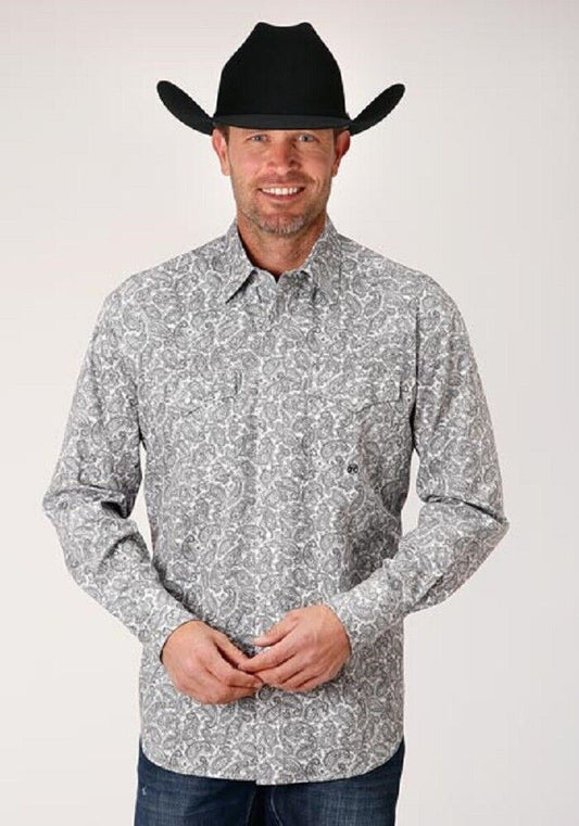 Roper Men's White & Black Line Paisley Snap Up Western Shirt