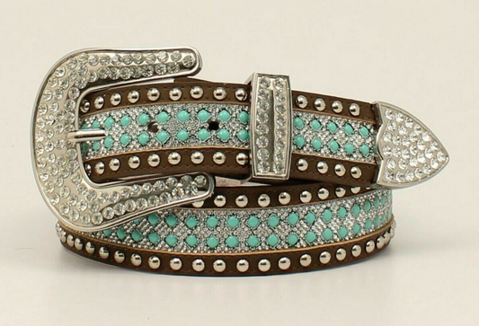 Women's Angel Ranch TURQUOISE RHINSTONES BLING BELT Silver studs