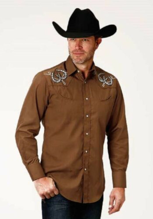 Roper Men's Broadcloth Western Shirt w/ Horseshoes Roping