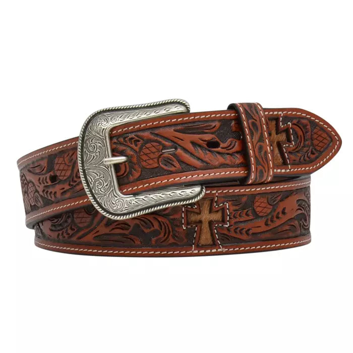 3D Belt Co. Men's BROWN LEATHER BELT w/ CROSS CUT-OUT Hair on inlay