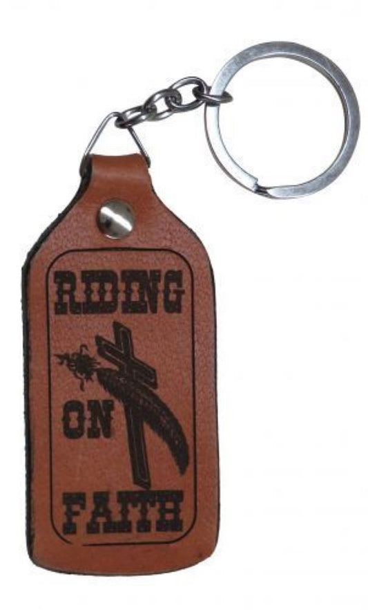 3 1/4" long LEATHER 'RIDING ON FAITH' KEYCHAIN w/ Cross & feather image