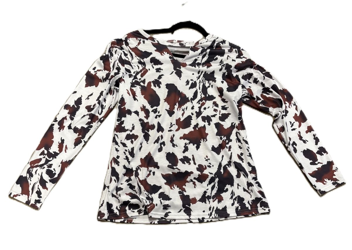 Women's Cow Print Long Sleeve Blouse w/ Keyhole neck