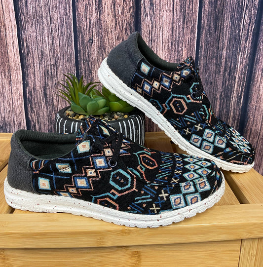 Roper Ladies Black Aztec Hang Loose Casual Slip On Shoe