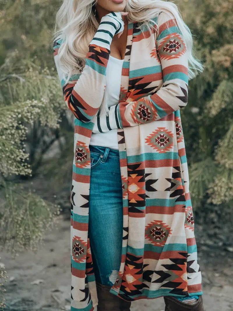 Women's Sweater Multicolor Geometric Color Block Open Front Long Cardigan