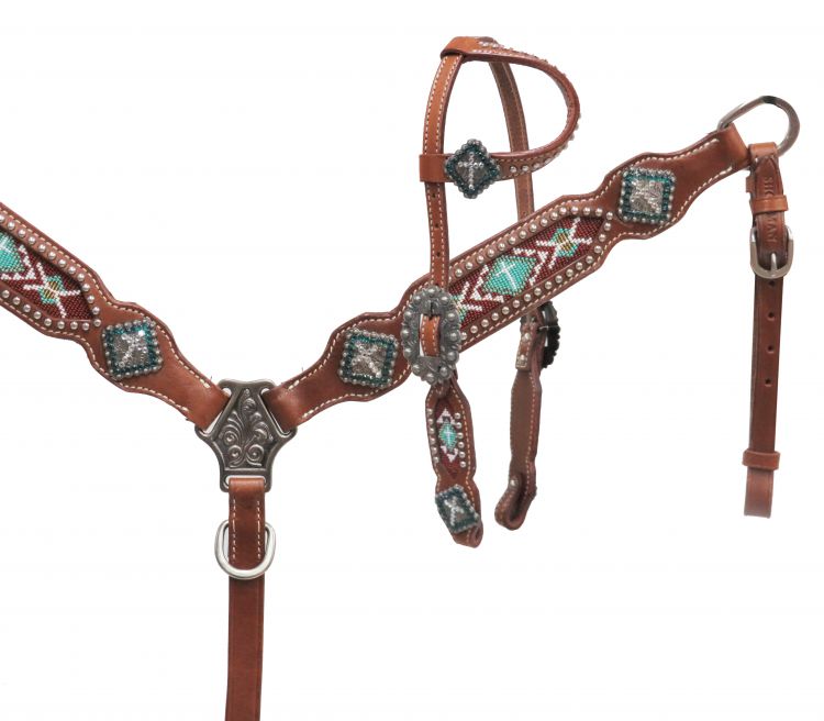 Showman Pony Teal Beaded Bridle & Breast Collar Set