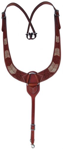 Floral Tooled LEATHER PULLING BREAST COLLAR w Rawhide buckstitch