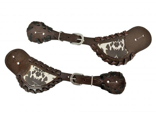 Women's Dark oil LEATHER SPUR STRAPS w/ COWHIDE PRINT Whip stitching
