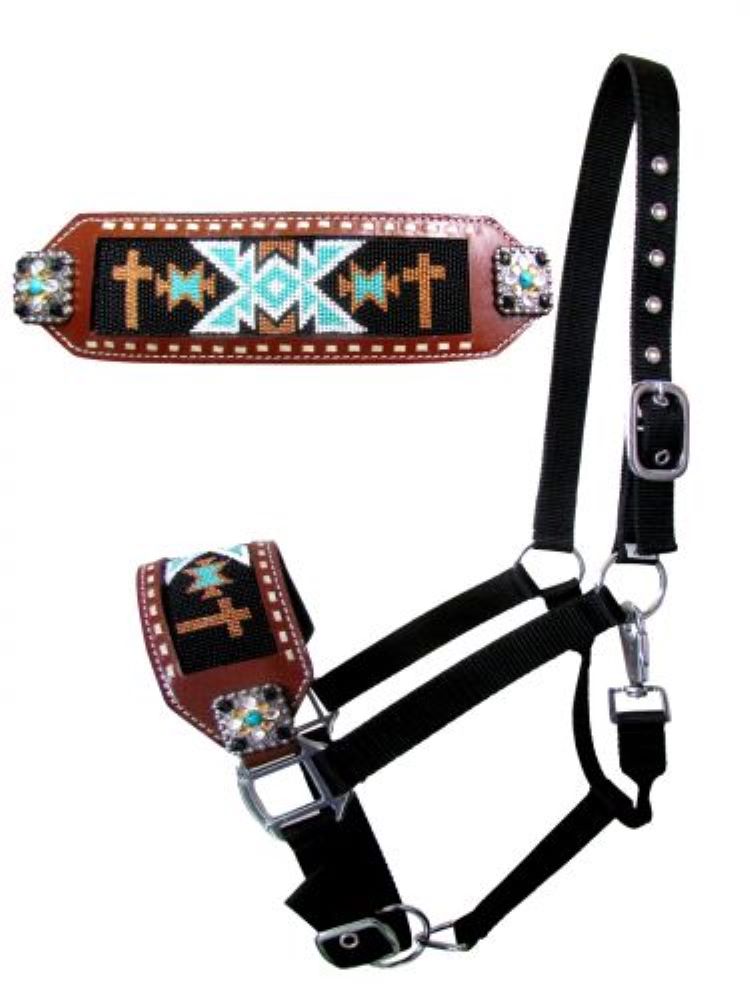 Beaded Turquoise Gold Cross Concho Bronc