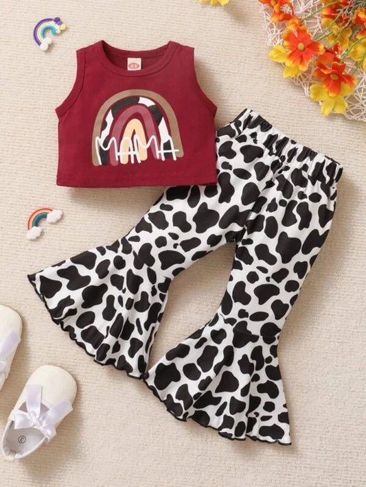 Baby 'Mama' Tank Top & Cow Print Flare Leg Pants