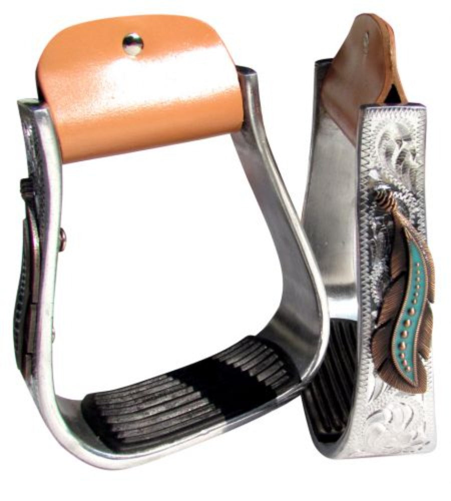 Silver Engraved Stirrups w/ Copper and teal feather concho