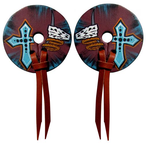 For a pair of hand painted leather bit guards with distressed skull and cross de