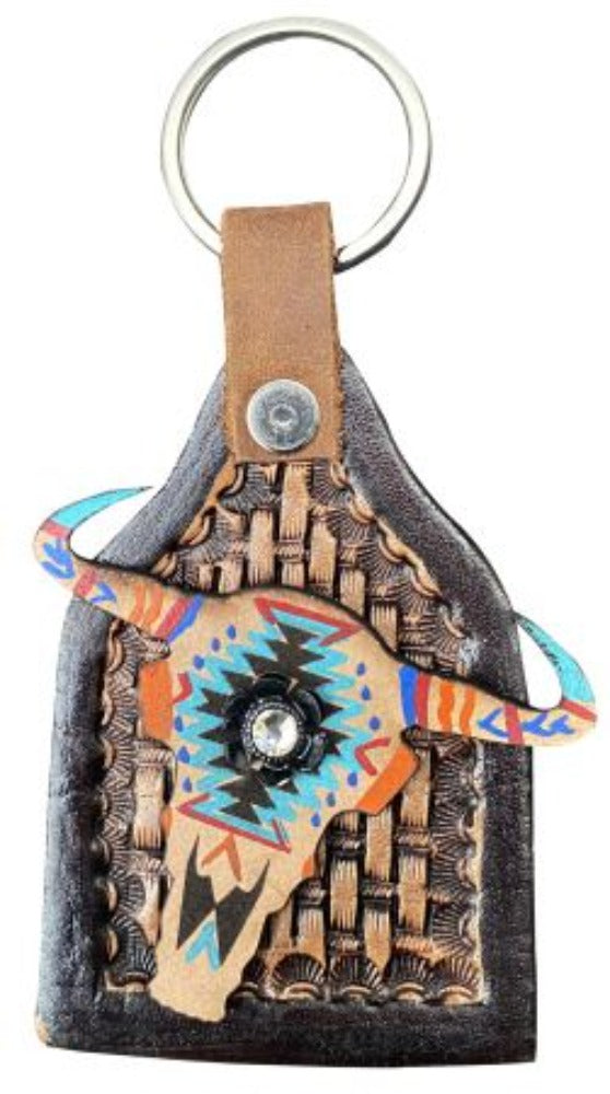 Cow tag-shaped AZTEC COW SKULL LEATHER KEYCHAIN