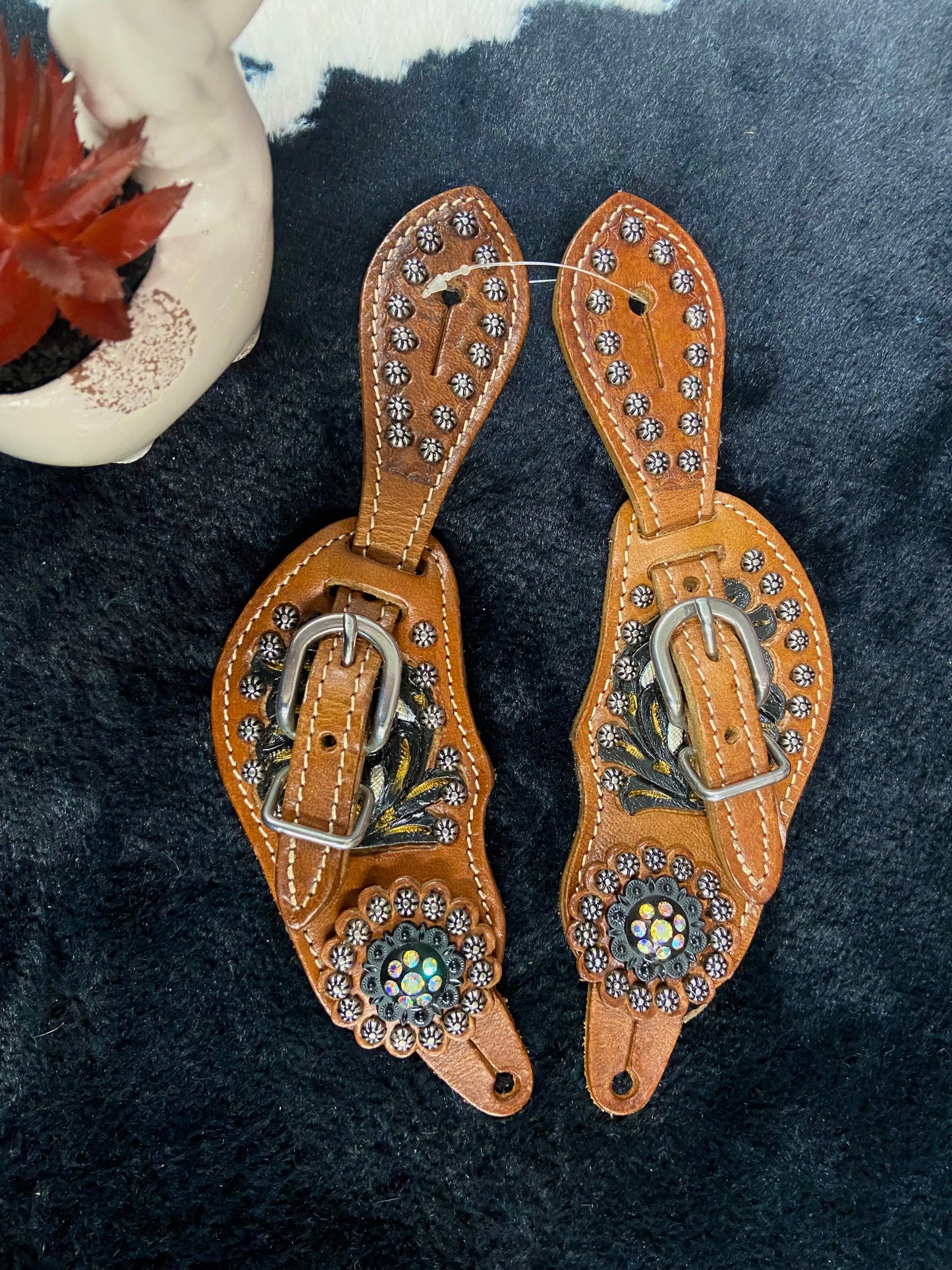 Adjustable Youth size Painted floral Tooled Spur Straps w/ Crystal conchos