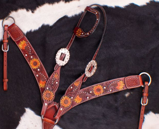 Hand Painted Sunflower Single Ear Breast Collar & Headstall Set