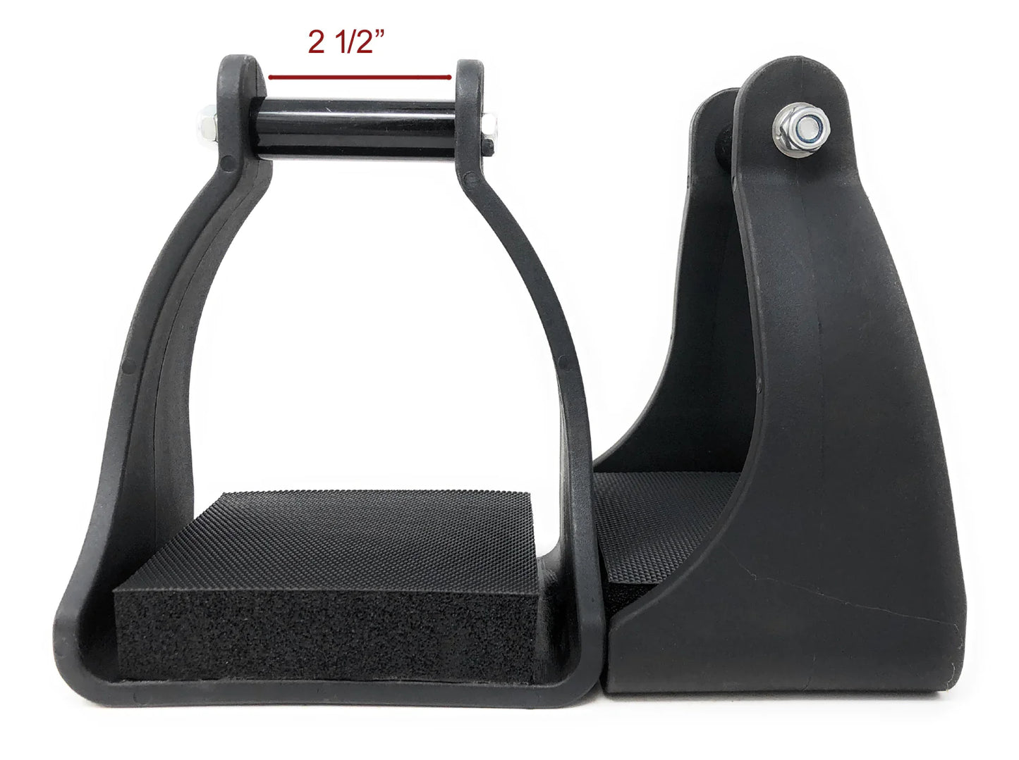 Black Molded plastic endurance stirrups with rubber tread. 2.5" neck