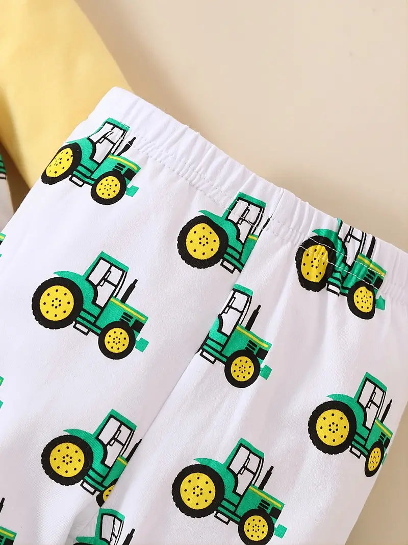 Boy's Hooded Pj Top With Tractor Print & Matching Cuffed Pants