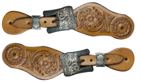 Adjustable Youth size FLORAL TOOLED SPUR STRAPS w/ Engraved brass buckles