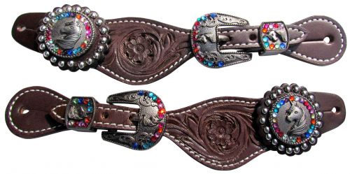 Youth Leather Spur Straps With Floral Tooling And Unicorn Conchos
