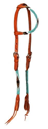 Medium Argentina cow leather ONE EAR HEADSTALL w/ beaded Navajo cross overlay