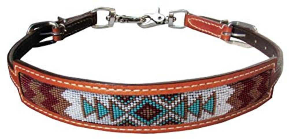 Medium LEATHER WITHER STRAP W/ NAVAJO BEADED INLAY white teal brown adjustable
