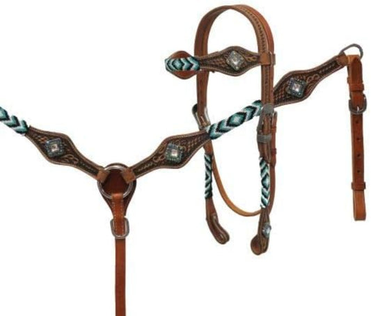 Medium Oil Leather Beaded Headstall & Breast Collar Set