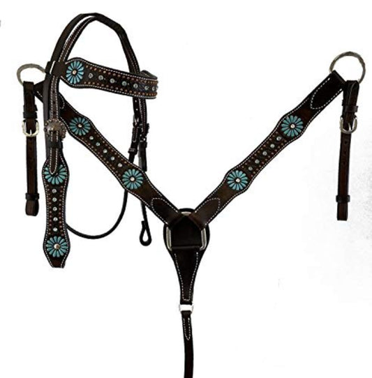 Pony Small horse Cob Turquoise & Dark Leather Bridle Breast Collar