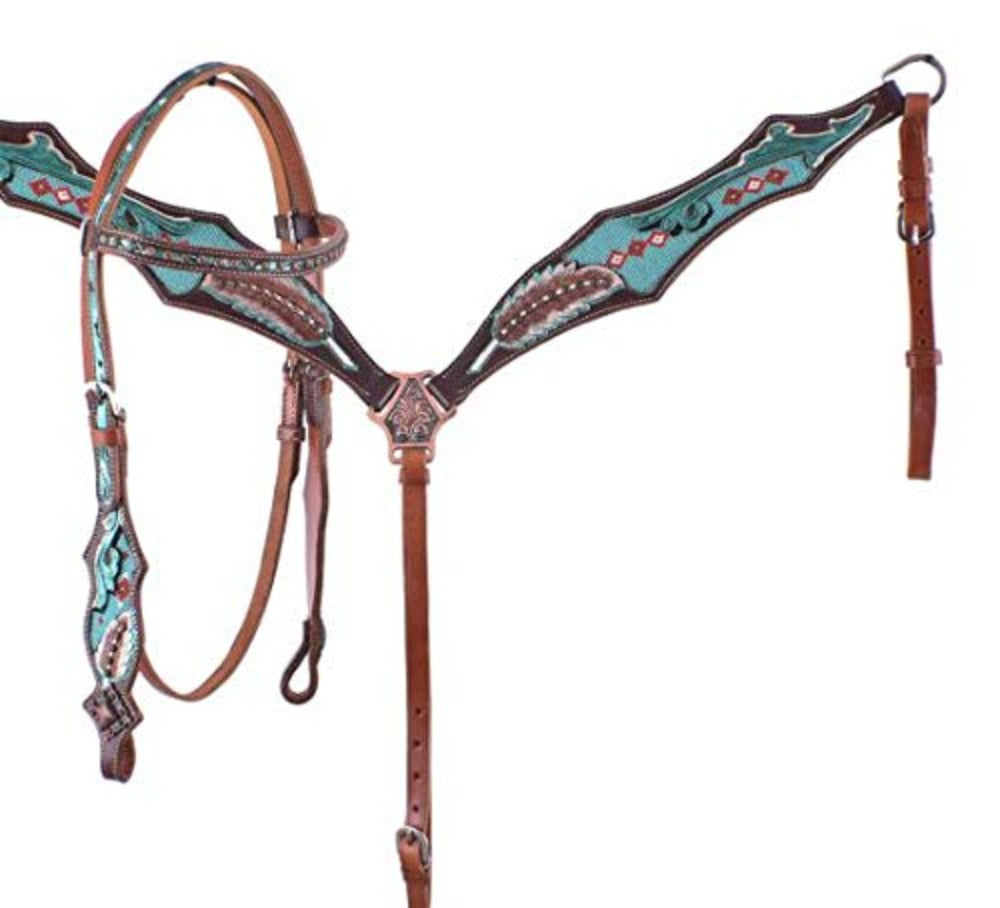 Leather Turquoise Beaded Feather HEADSTALL & BREAST COLLAR SET