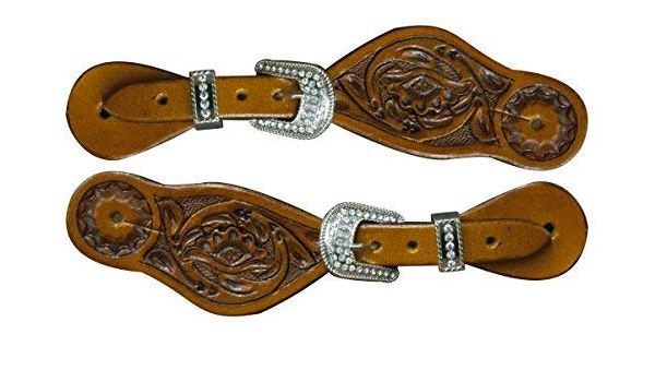 Adjustable Youth size Floral Tooled Spur Straps w/ Crystal rhinestone buckles