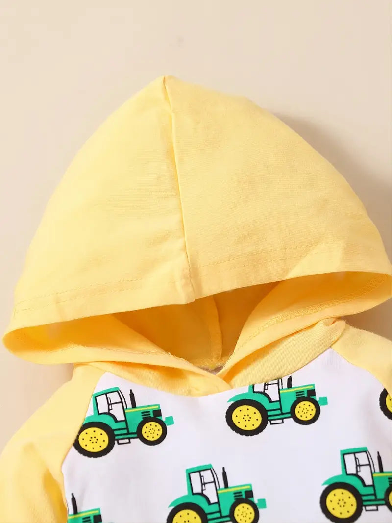 Boy's Hooded Pj Top With Tractor Print & Matching Cuffed Pants