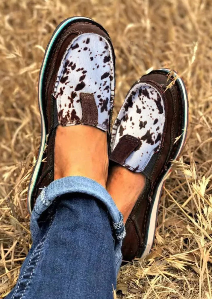 Brown Cow Print Slip On Round Toe Flat Sneakers