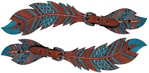 Adjustable Women's size Teal Brown Leather Cut Out Tooled Feather Spur Straps