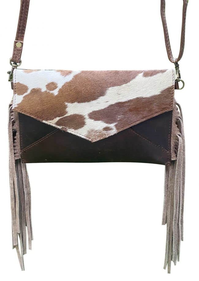 Klassy Cowgirl Dark LEATHER CROSSBODY PURSE BAG w/ Hair on Cowhide Tan fringe