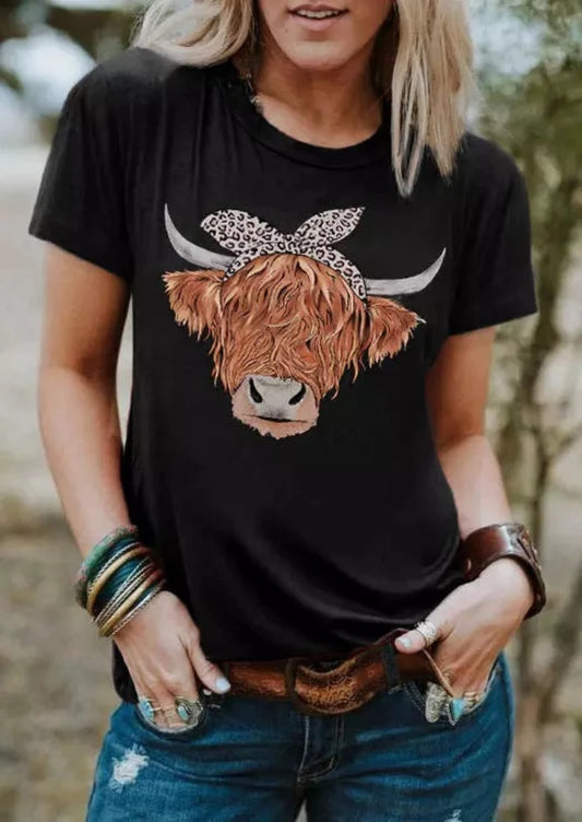 Women's Black Cow w/ Leopard Bow Graphic Shirt