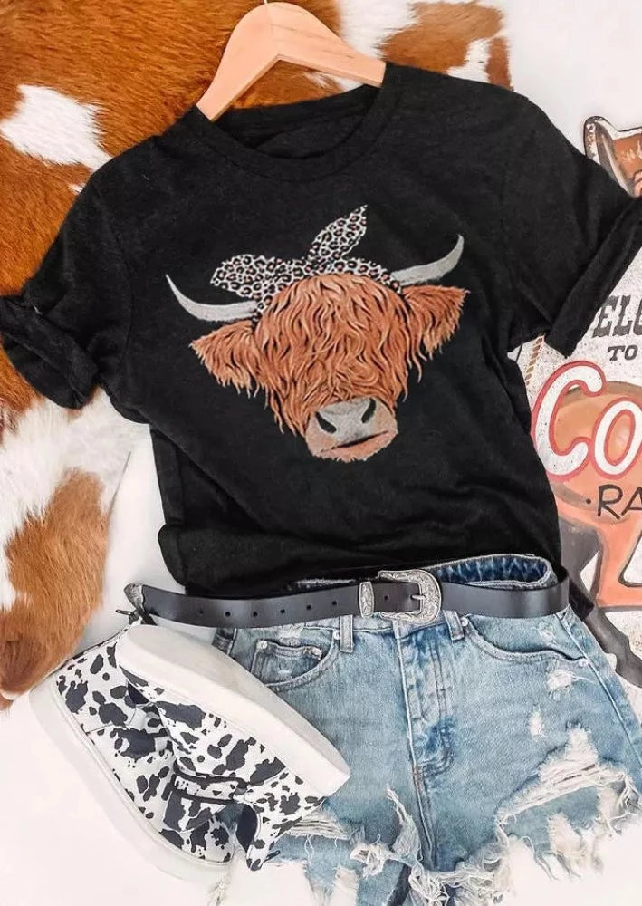 Women's Black Cow w/ Leopard Bow Graphic Shirt