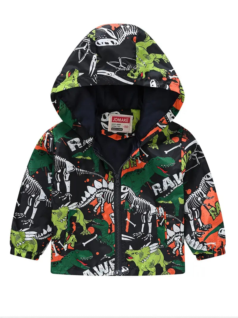 Boys Cartoon Dinosaur Print Zipper Hooded Jacket