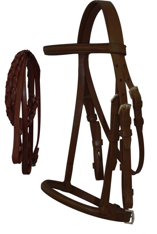 English Headstall With Raised Browband & Braided Leather Reins