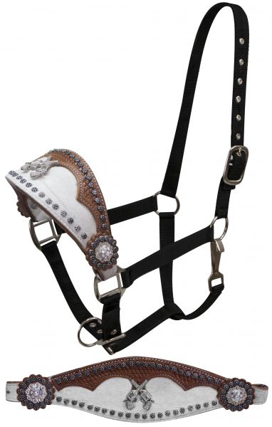 Full size BRONC HALTER w/ Hair-on cowhide Crossed guns revolvers Conchos