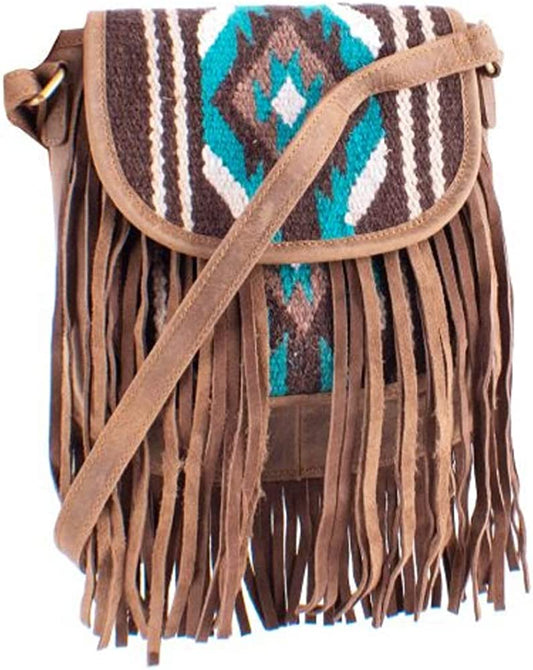 Leather Teal & Brown Saddle Blanket Crossbody Bag w/ Fringe