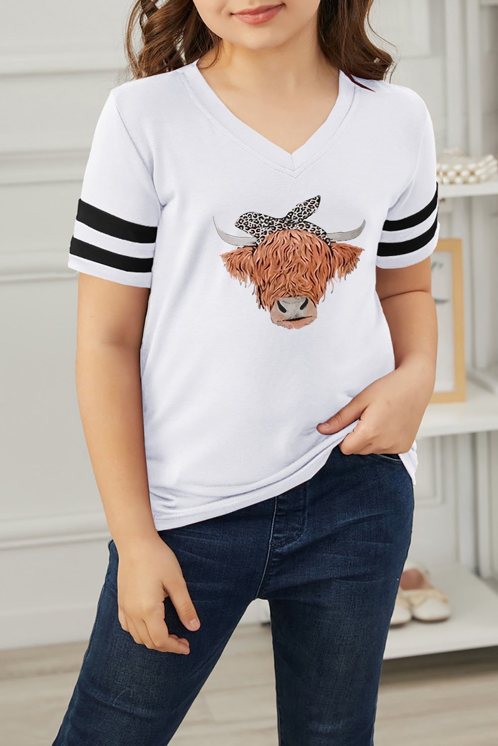 Youth girl's Cow Head Print Shirt w/ Stripes