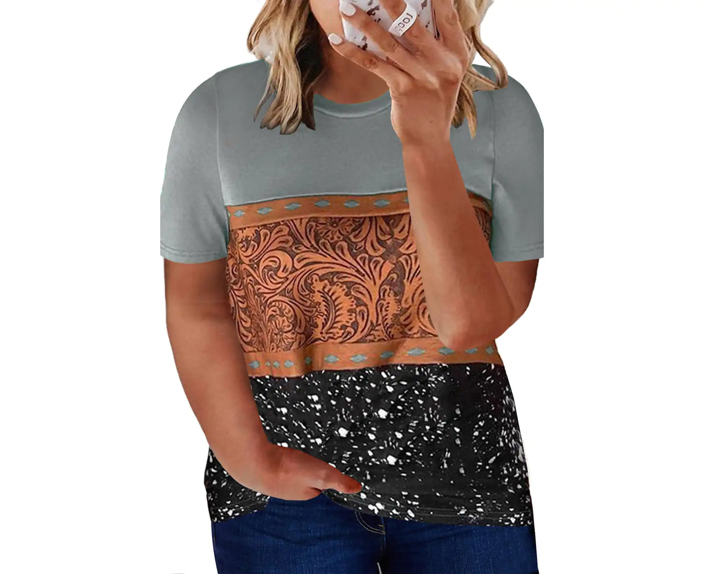 Marble Print Women's Buckstitch Splicing Color Block Plus Size T-shirt