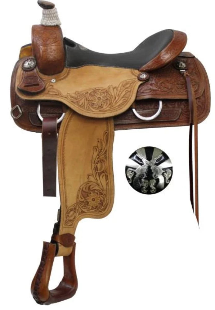 Double T Roper Style Saddle w/ Cross Guns Conchos 17"