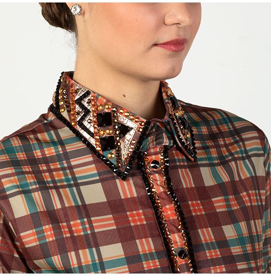 RHC Equestrian Show Shirt femme 36 bleu plaid à manches RHC Equestrian Show Shirt femme 36 bleu plaid à manches