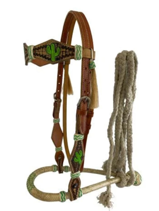 Leather Bosal Headstall w/ Cactus Painted Design