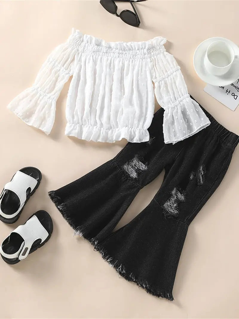 Girl's Infant/Toddler/Youth White Chiffon Top & Black Ripped Flare Jeans 2pc Set