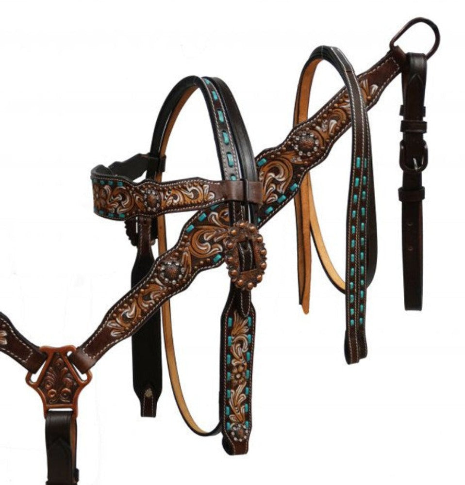 Hand painted Floral Tooled Breast Collar & Headstall Set