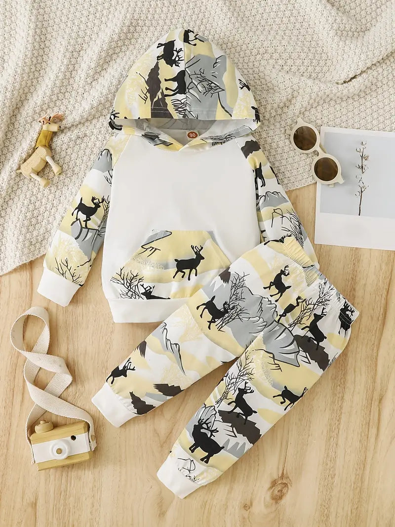Toddler Baby Boys Cute Deer Printed Long Sleeve Hoodie And Pants